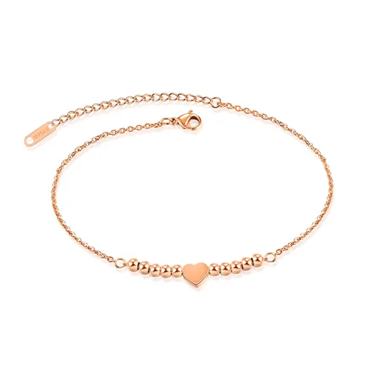 Ocelový náramek na kotník nebo zápěstí - symetrické srdce, korálky, měděná barva