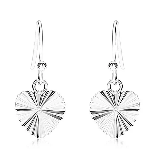 Stříbrné náušnice 925, blýskavé srdíčko s paprskovitými zářezy