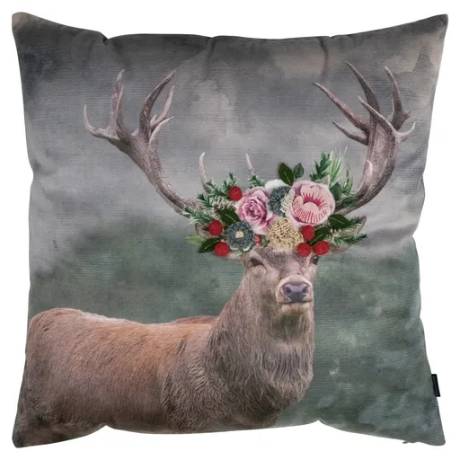 Šedý sametový polštář s jelenem a květy Fleury Deer - 45*45*10cm REHGKSEH