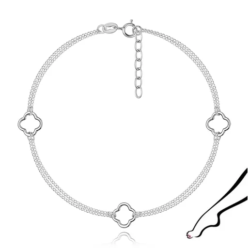 Stříbrný náramek na kotník 925 se čtyřlístky a dvojitou řetízkou