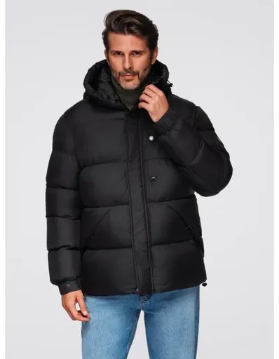 Pánská prošívaná bunda s vysokou kapucí na zip – černá V1 OM-JAHP-0238