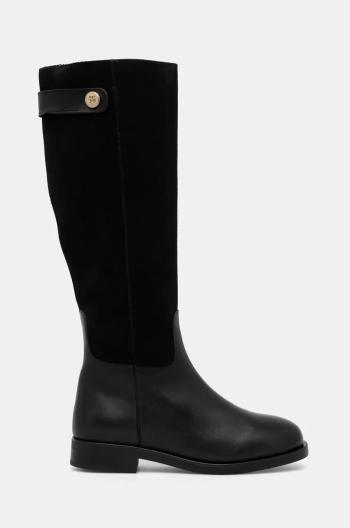 Kožené kozačky Tommy Hilfiger TH STUD LEATHER MIX LONG BOOT dámské, černá barva, na plochém podpatku, FW0FW08341