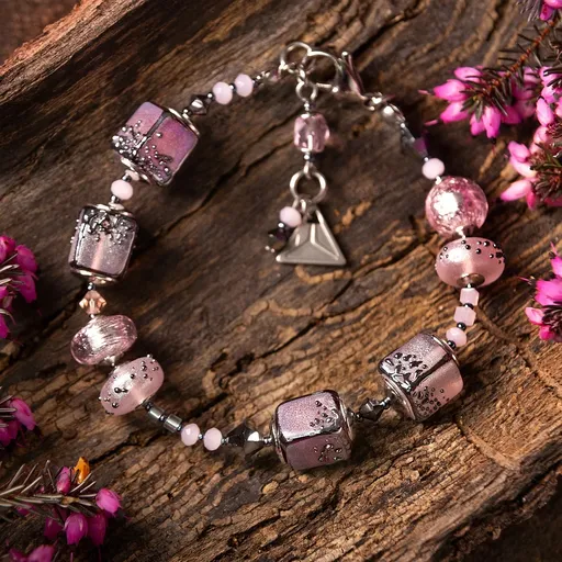 Lampglas Náramek s ryzím stříbrem v perlách Lampglas Gentle Flamingo BCU77