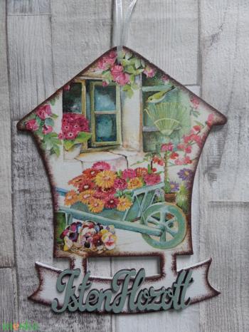 Cinke és virág,házikó őszi termésekkel vagy kerti lak virágos talicska mintás házikó alakú ajtódísz,fali dísz,kopogtató