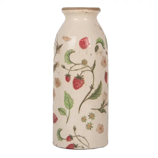 Béžová keramická váza s jahůdkami Wild Strawberries - Ø 8*20 cm Clayre & Eef
