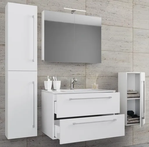 VCM 5dílná umyvadlová skříňka Badinos 2 zásuvky 60 cm se zrcadlem a střední/vysokou skříňkou, bílá