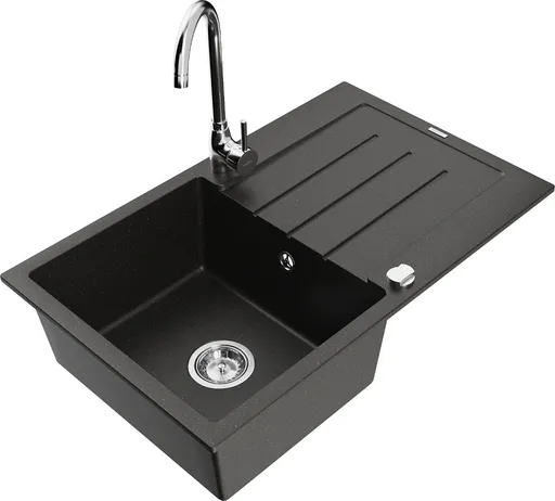 MEXEN/S Bruno granitový dřez s odkapávačem včetně baterie Telma, černá/zlatá 6513-75-670200-00