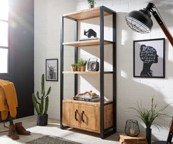 Knihovna Crompton 80x185 cm přírodní mango 3 přihrádky 2 dvířka