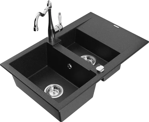 MEXEN/S Gaspar granitový dřez 1.5 s odkapávačem včetně baterie Carla černá/stříbrná metalik 6507-73-670700-00