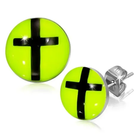 Puzetové náušnice z oceli - latinský kříž v kolečku