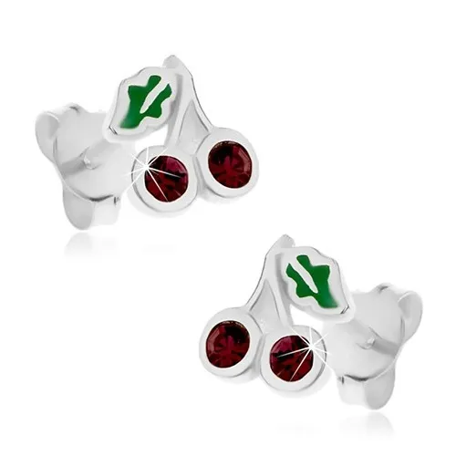 Stříbrné náušnice 925 - fialové třešničky se zeleným lístkem