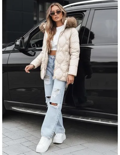 Dámská zimní bunda s kožešinou ecru
