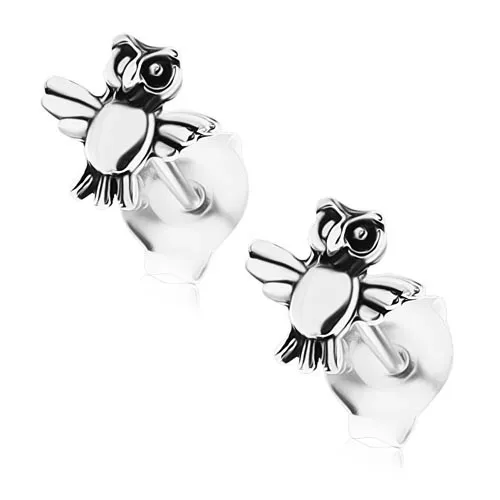 Patinované náušnice, stříbro 925, letící sova, puzetové zapínání