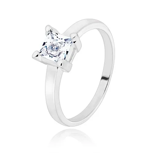 Stříbrný 925 prsten - úzká ramena, transparentní zirkonový čtverec, 5 mm - Velikost: 54