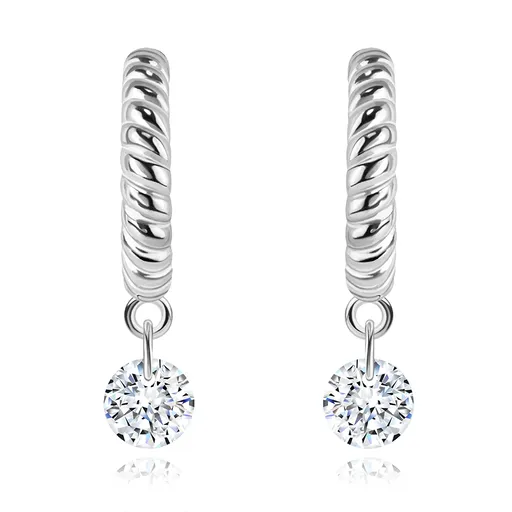 Stříbrné náušnice 925 - otevřený kruh s motivem lana, čiré zirkony