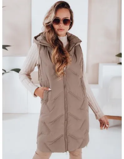 Dámská dlouhá prošívaná vesta s kapucí kamelová