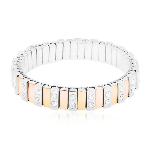 Náramek z oceli 316L, úzké články zlaté, měděné a stříbrné barvy, čiré zirkony