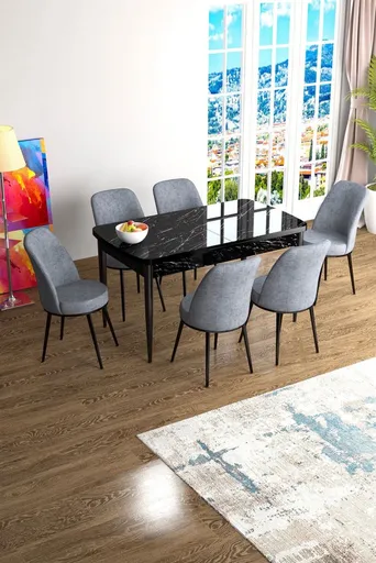 Extendable Dining Table & Chairs Set (7 Pieces) Han - Black Marble, Grey