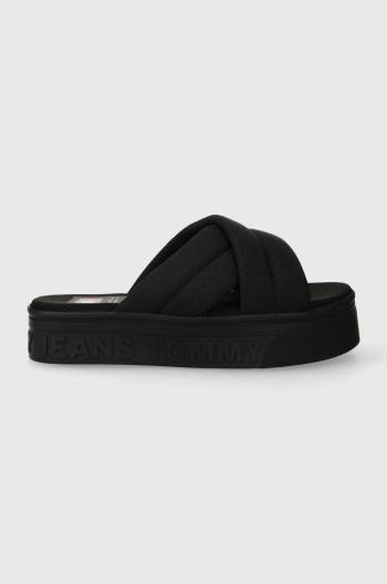 Pantofle Tommy Jeans TJW LETTERING FLATFORM SANDAL dámské, černá barva, na platformě, EN0EN02465