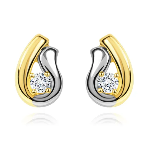 Zlaté 14K náušnice, dvoubarevná kontura kapky se zářivým diamantem