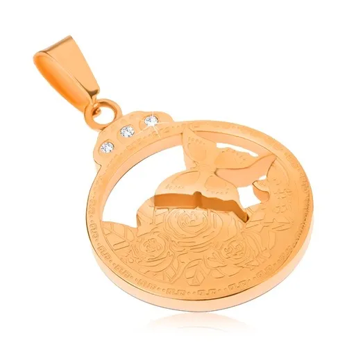 Gravírovaný ocelový přívěsek zlaté barvy, motýl, květiny, čiré zirkony