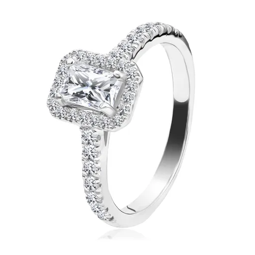 Stříbrný prsten 925 - obdélníkový zirkon, čirý rámeček, ramena ze zirkonů - Velikost: 51