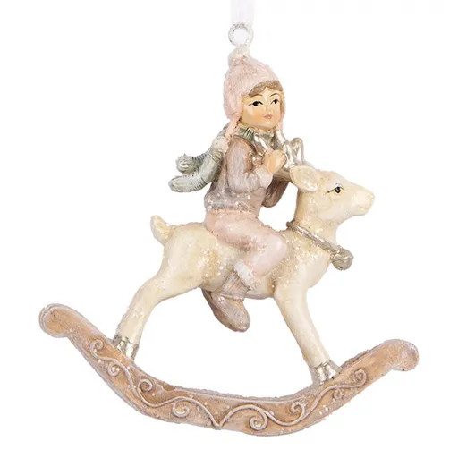 Béžovo-růžová závěsná dekorace děvčátko na houpacím jelínkovi - 8*3*9 cm Clayre & Eef