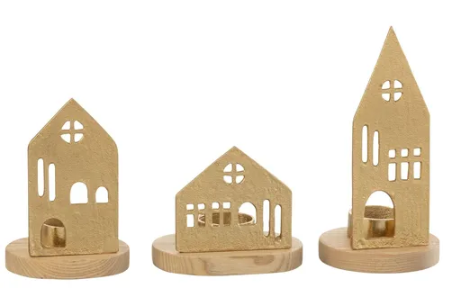 Set 3ks svícen domek na čajovou svíčku House gold - 9*9*19 cm 36243