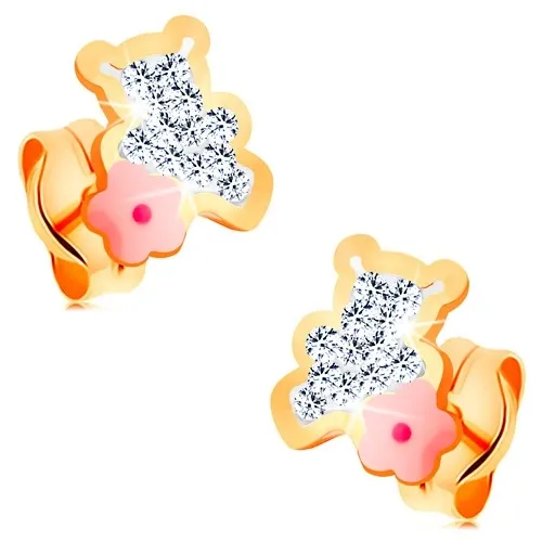 Puzetové náušnice ze žlutého 14K zlata - čirý zirkonový méďa s růžovým kvítkem