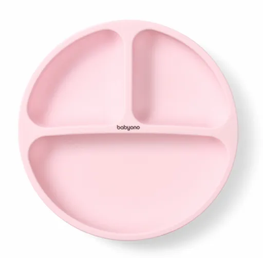 Babyono Silikonový talíř pro děti, tříkomorový s přísavkou - růžový