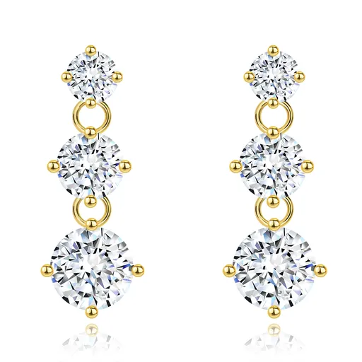 Náušnice ze žlutého 14K zlata - tři kulaté blýskavé zirkony v čiré barvě