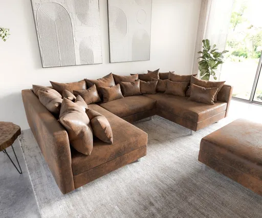 Pohovka ve tvaru "U" Clovis hnědá modulární taburet vintage