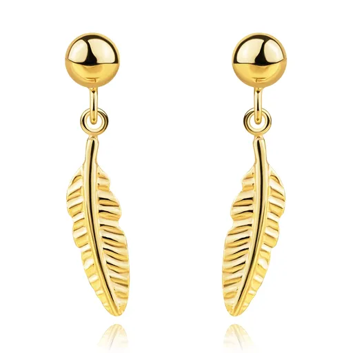 Puzetové náušnice z 14K žlutého zlata - kuličky, strukturované pírko