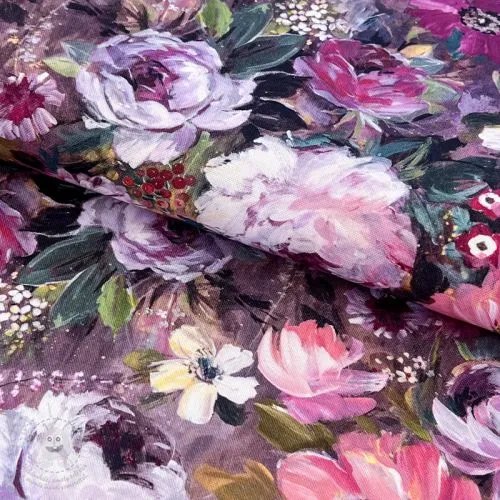 Dekorační látka Oil painting flowers mauve digital print