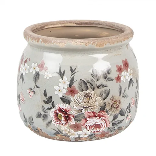 Zelený keramický dekorační květináč s květy Floria S - Ø 12*10 cm  Clayre & Eef