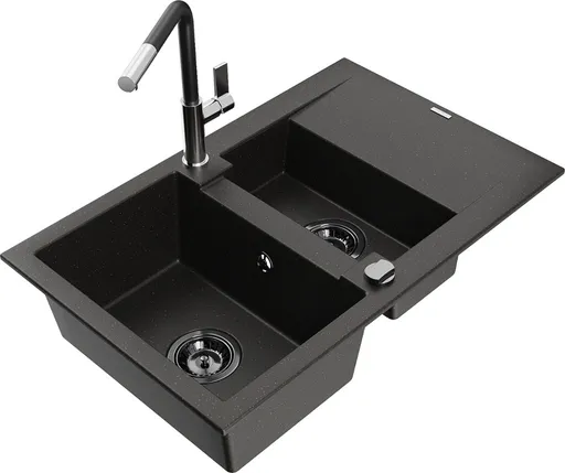 MEXEN/S Gaspar granitový dřez 1.5 s odkapávačem včetně baterie Flora, černá/zlatá 6507-75-670401-07-B