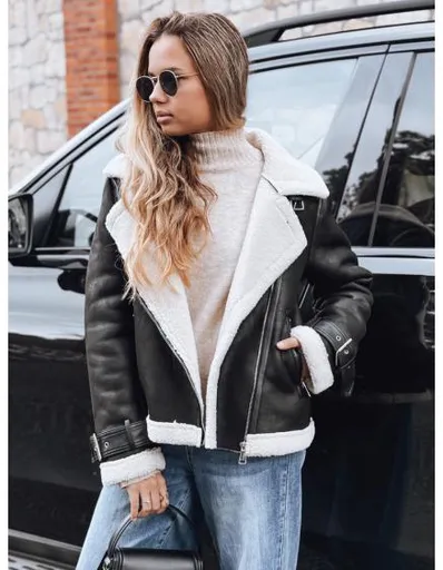 Dámská bunda typu ramoneska s kožešinou, černá