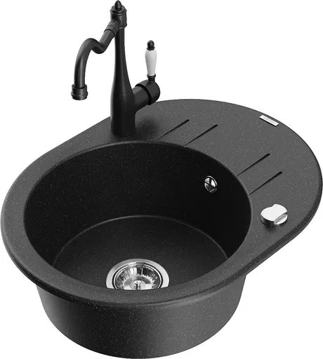 MEXEN/S Kevin granitový dřez 1-miska s odkapávačem včetně baterie Carla, černá/stříbrná metalik 6517-73-670700-70