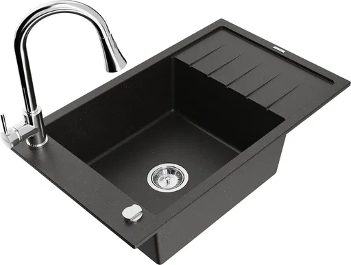 MEXEN/S Elias granitový dřez 1 s odkapávačem včetně baterie Elia, černá/zlatá metalik 6511-75-670101-00
