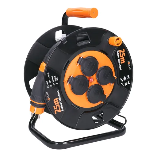 Solight prodlužovací přívod - na bubnu, 4 zásuvky, 25m kabel guma, 3x 1,5mm2, IP44 PB33