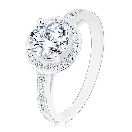 Stříbrný 925 prsten, čirý kulatý zirkon s čirým lemem, zdobená ramena - Velikost: 61