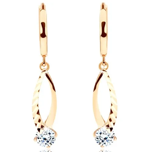 Zlaté visací náušnice 14K se svislou konturou zrna a čirým zirkonem