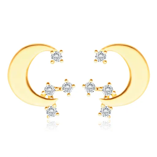 Puzetové náušnice ve žlutém 585 zlatě - plochý měsíček, kulaté zirkony čiré barvy
