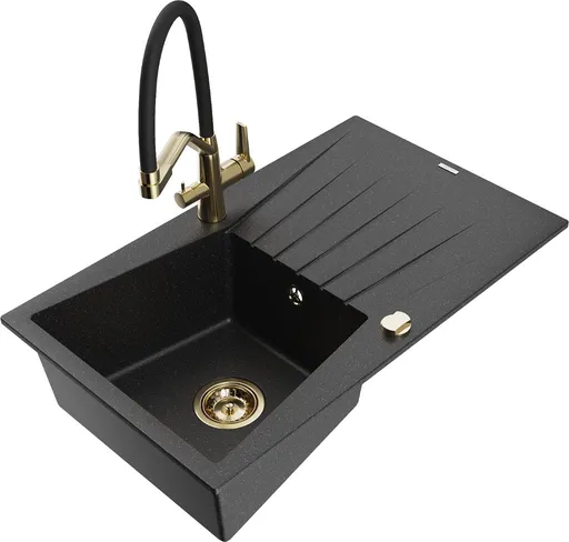 MEXEN/S Cesar granitový dřez s odkapávačem včetně baterie Duo, černá/stříbrná metalik 6514-73-671701-57-G