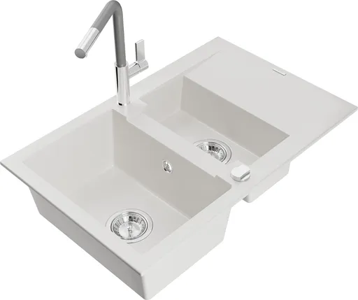 MEXEN/S Gaspar granitový dřez 1.5 s odkapávačem včetně baterie Flora, bílá 6507-20-670401-06