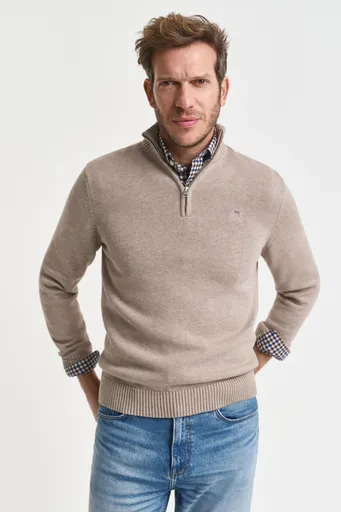 SVETR GANT CASUAL COTTON HALF ZIP DK. SAND MELANGE