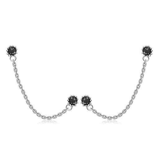 Dvojité náušnice ze stříbra 925 - kvítek s černým zirkonem, řetízek, puzetky