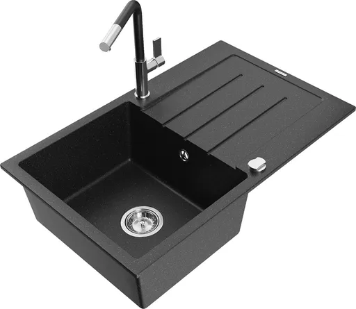 MEXEN/S Bruno granitový dřez 1 s odkapávačem včetně baterie Flora, černá/stříbrná metalik 6513-73-670401-07