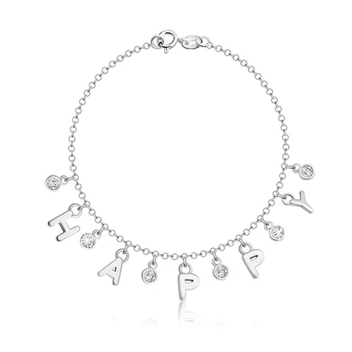 Náramek ze stříbra 925 - písmenka vytvářející nápis "HAPPY", kulaté čiré zirkony