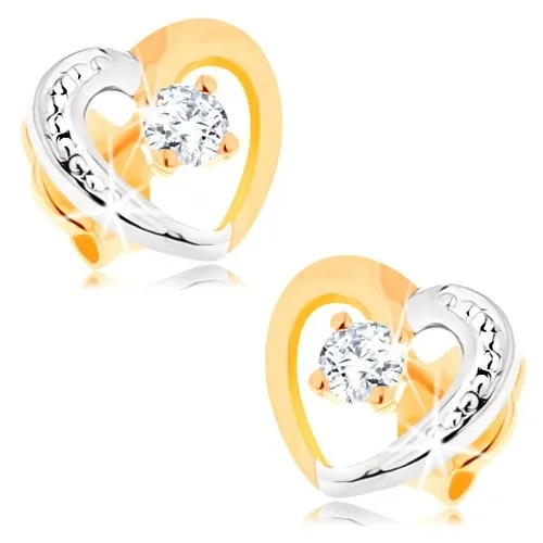 Náušnice ze 14K zlata - kontura srdíčka v dvoubarevném provedení, zirkonek